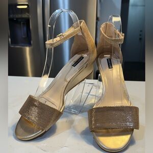 Alex Marie Gold Shiny 2inch Wedge heel and Leather uppers Sandals - Size 10M